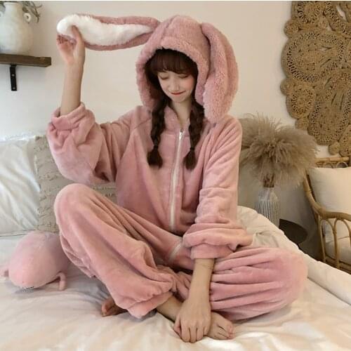 Warm Onepiece Hooded Bunny Pajama Jumpsuit Women Cartoon Animal Ear Onesie Cosplay Sleepwear Adult Pink Rabbit Pajamas Overalls