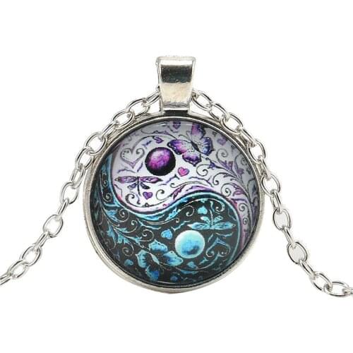 Vintage Ying Yang Butterfly Cabochon Glass Pendant Silver-color Chain Necklace Jewelry