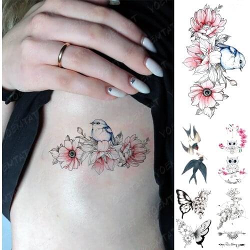 Waterproof Temporary Tattoo Sticker Owl Pink Flowers Flash Tatoo Swallow Butterfly Bird Hand Wrist Fake Tatto For Body Art Women