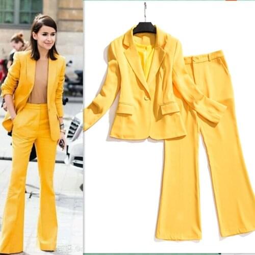 High quality fashion suit suit female spring and autumn new yellow small suit set micro-horn trousers 2 piece outfits for women