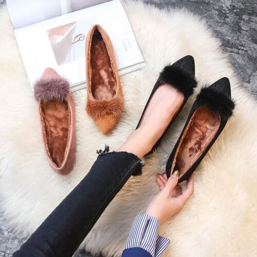 Size 34-43 Ladies mink hair fur shoes brown pointed slip on plush flats moccasins woman suede leather espadrilles winter roll-up