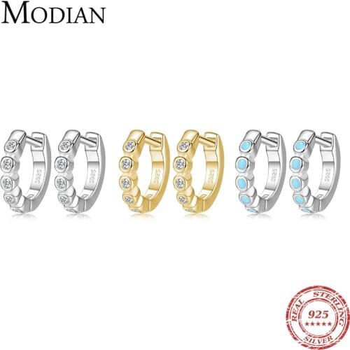 Modian Silver Turquoise Tiny Earring Real 925 Sterling Silver Round Clear CZ Hoop Earrings For Women Girl Party Fine Jewelry