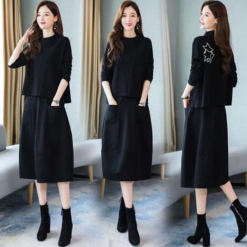 2 Piece Sets Womens Outfits 2020 Women Fashion Black Vintage Tops And Skirts Elegant Loose Casual Korean Outfit AA5397