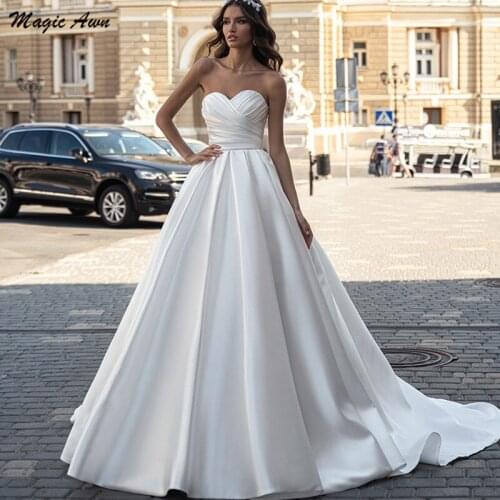 Magic Awn Elegant Satin Wedding Dresses 2021 Sweetheart A-Line Wedding Party Dress With Pockets Sweep Train Cheap Robe De Mariee