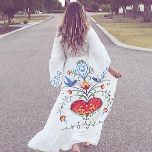 Women high-end vestidos elegant vintage bohemian runway beach party Boho Batwing Sleeve sexy embroidery loose maxi long dress