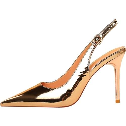 European and American Style Sexy nightclub large size metal heel shallow mouth pointed hollow back trip strap single shoe