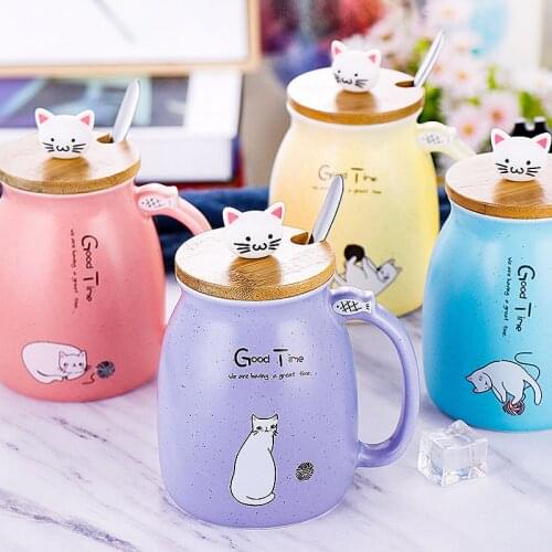 Cute Cat Coffee Mug Creative Ceramic Cup With Lid Stainless Steel Spoon Cartoon Milk Coffee Mugs Heat-resistant Cups Couple Gift