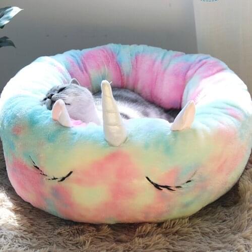Round pet bed house soft short plush kennel cat mat winter warm sleep sleeping cat kennel soft dog basket pet mat portable pet