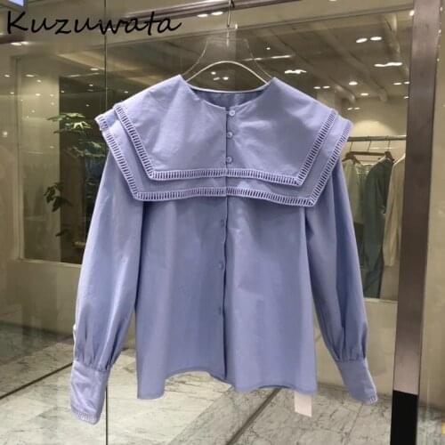 Kuzuwata Peter Pan Collar Pullover Long Sleeve Blouse Women Spring 2021 New Loose Blusas Work Style Ol Solid Shirt Feminino