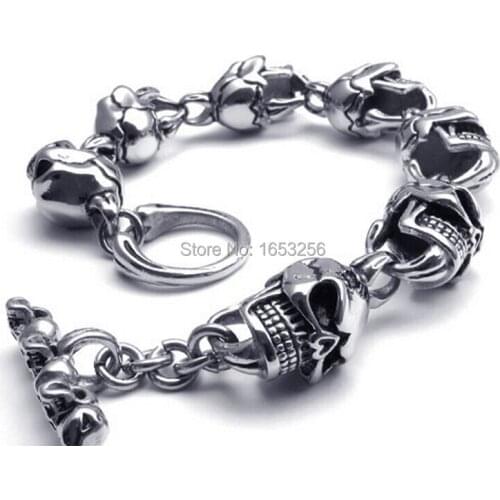 Fashion Offbeat Mens Heavy Stainless Steel Gothic Skull Biker Chain Bracelet Black Tone 15mm 9 inches