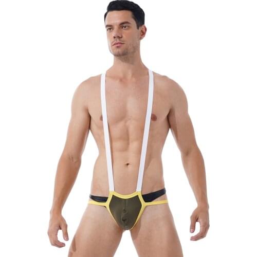 Mens Bulge Pouch Jockstrap Wrestling Singlet Leotard See-through Hollow Out Fishnet Patchwork Double Shoulder Strap Bodysuit