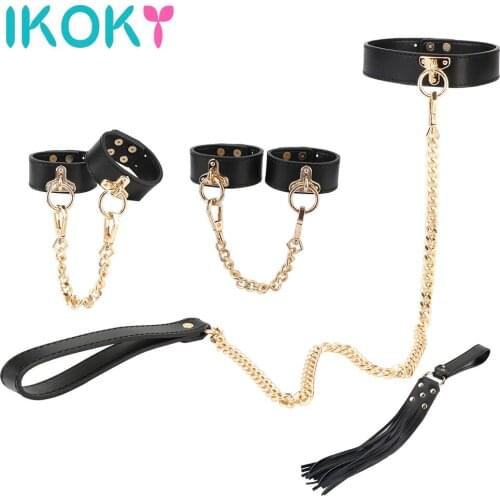 IKOKY Genuine Leather Erotic Auxiliary Belt Adult Game Sex Kits Bondage Set Sex Toys For Couple Men Women Handcuffs Whip Collar