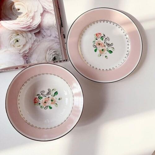 MIDOSHARK Pink rose bone china dinner plate sets 2 pcs Cute dessert plates