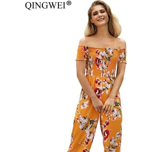 2019 Women New Print Off The Shoulder Jumpsuit femaleSummer High Waist was thin wide Leg Nine Pants