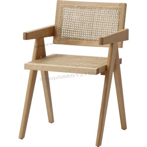 Solid Wood Dining Chair Rattan Nordic Chair Retro Home Leisure Armrest Designer Backrest Restaurant Hotel Dining Table And Chair