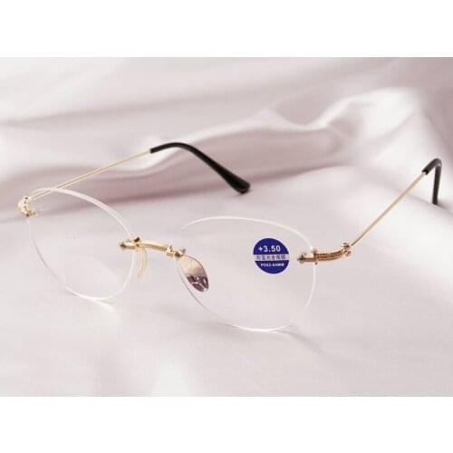 Women Look Near Far Bifocals Reading Glasses Magnifier Female Fashion Rimless Pilot Anti Blue Light Presbyopic Spectacles +1~+4