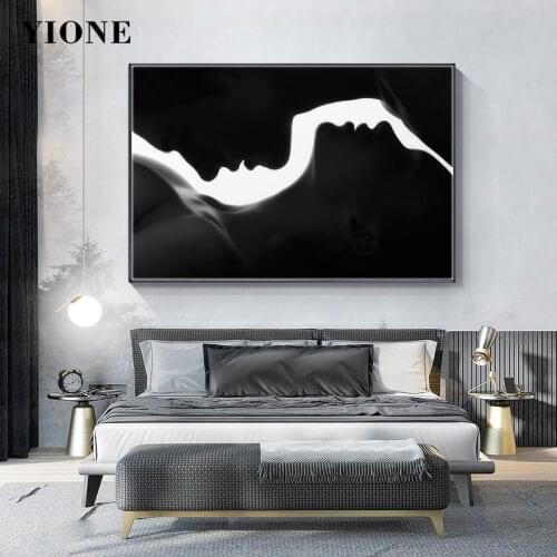 Kiss Lover Canvas Art Print Black and White Woman Man Poster Wall Picture Modern Painting for Living Room Bedroom Home Decor