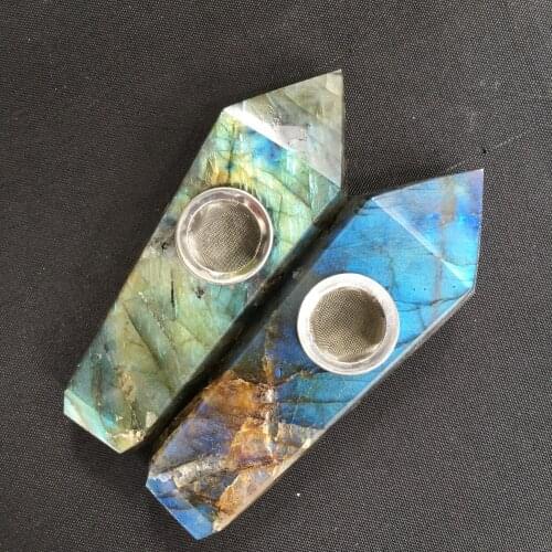 Drop shipping natural labradorite stones crystals smoking pipe quartz crystal wand tube healing Christmas gift