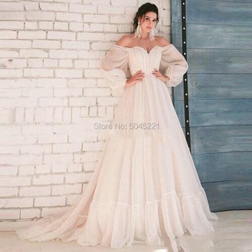 Puffy Ivory Long Wedding Dresses 2021 Couture Off the Shoulder Long Sleeve Boho Beach Wedding Bridal Gowns for Women