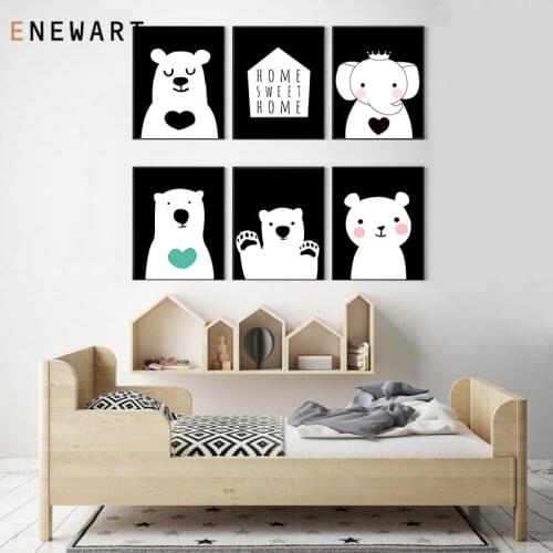 Nordic Art Cartoon Poster Minimalist Canvas Painting Funny Polar Bear Elephant Wall Picture Modern Children Bedroom Decoration
