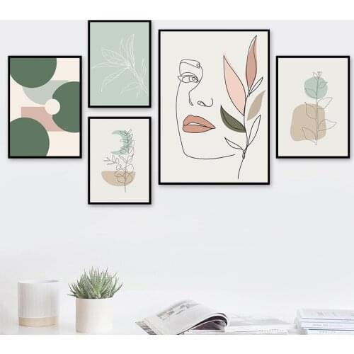Modern Abstract Geometric Cactus Canvas Painting Interior Plants Leaf Girl Face Poster Minimalist Wall Art Home Decor Pictures