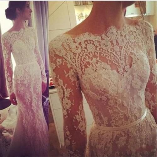Mermaid wedding dresses 2016 high neck long sleeve beaded sash lace bride dress robe de mariage vestido de noiva sereia L106