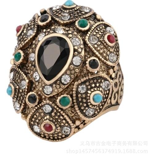 Retro Antiqued Gold Color Black Crystal Vintage Chunky Statement Ring for Women Men Fashion Jewelry