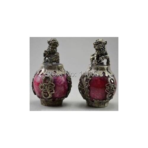 Vintage Handwork Teapot For Chinese Oriental Decor Old Jade & Tibet Silver Kylin Dragon Phoenix Pair Statue Wholesale 2pcs sets