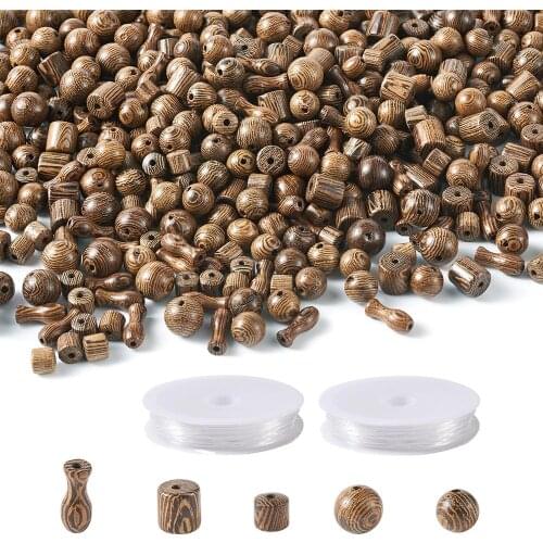 DIY Bracelets Jewelry Kits with 600pcs Camel Round & Column & Vase Wood Beads 2 rolls White Elastic Crystal Thread