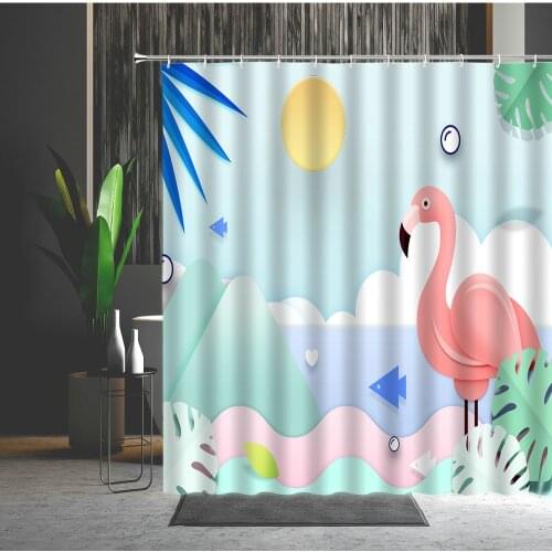 Animals Flamingo Bath Curtain Cartoon Style Tropical Plants Polyester Fabric Machine Washable Shower Curtain Bathroom Decoration