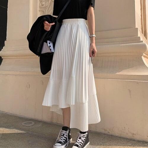 2020 Summer Long Skirts Womens High Waist Asymmetrical Pleated Skirt harajuku Plus Size White Black Skirt faldas jupe femme