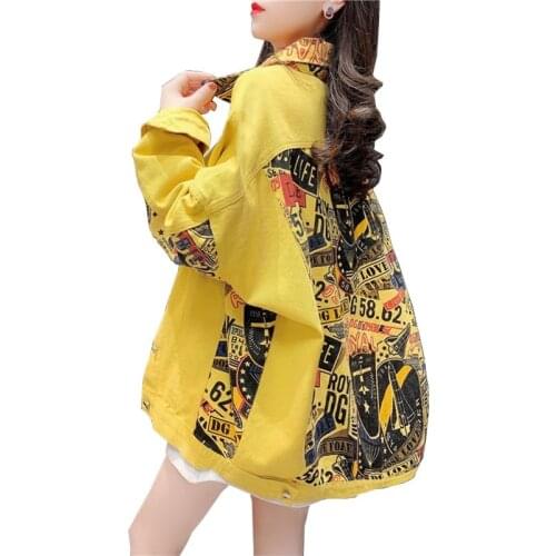 Letter Print Vintage Streetwear Cartoons Denim Jacket Women Fashion Korean Casual Loose Big Size Coat Ladies 2021 New Chaqueta