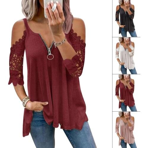 V Neck Zipper Three Quarter Tops for Women Sexy Hollow Out Halter T Shirt Female 2021 New Loose Fashion Plus Size Pullover 5XL