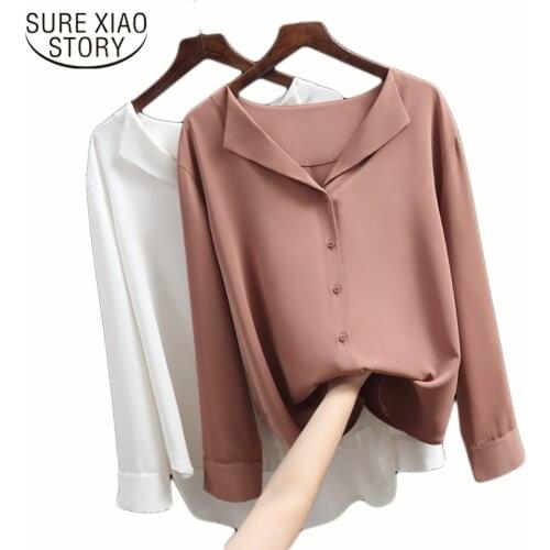 2021 spring New Casual Solid Loose Female Shirts Outwear Tops Women Chiffon Blouse Office Lady V-neck Button Clothing 5104 50