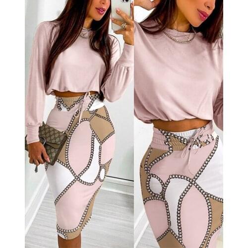 Divasily Long Sleeve Top & Chain Print Colorblock Drawstring Shirred Skirt Set Sexy Women Crop Two Piece Suits Robe Femme