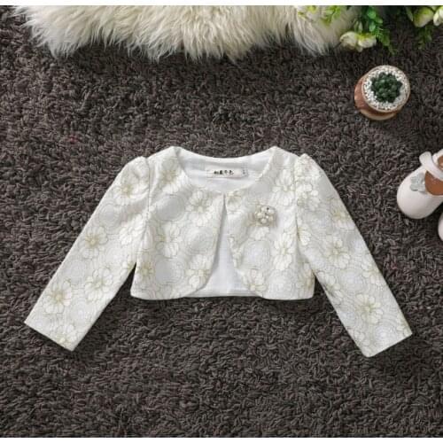 1-14 Years Girls Lace Bolero with beaded brooch Children Long Sleeves Wedding Party Coat Kids Beige princess Crop Jackets