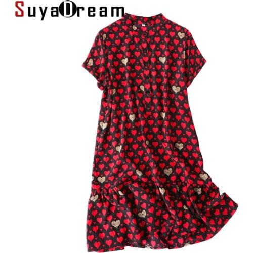 Women Mini Dress 100%Real Silk Crepe Red Hearts Printed Dresses for Women Short Sleeved Silk Dress 2019 Summer New Dress
