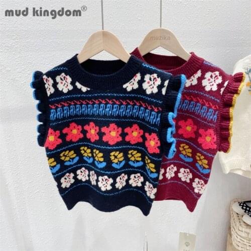 Mudkingdom Girl Vest Sweater Vintage Sleeveless Crew-neck Floral Tops Spring Autumn Kids Clothes for Girls Loose Fit Clothing