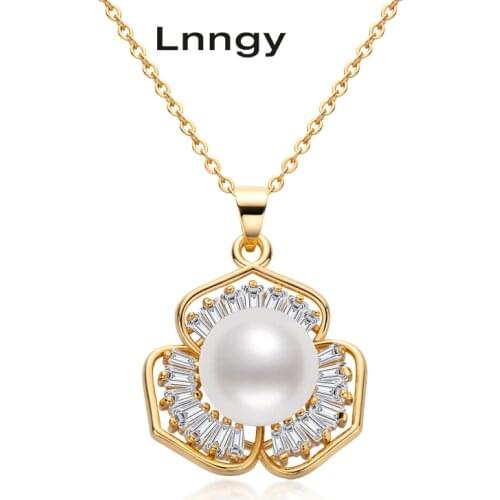 Lnngy 14K Gold Filled Necklace 9.5-10mm New Natural Freshwater Pearl Flower Necklace Women Anniversary Engagement Jewelry Gifts