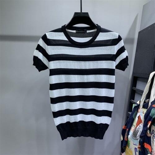 2021 Summer New Knit Stripe T-shirts Men Casual O-neck Basic Breathable T-shirt Male High Quality Half Sleeve Tops Man Tees B12