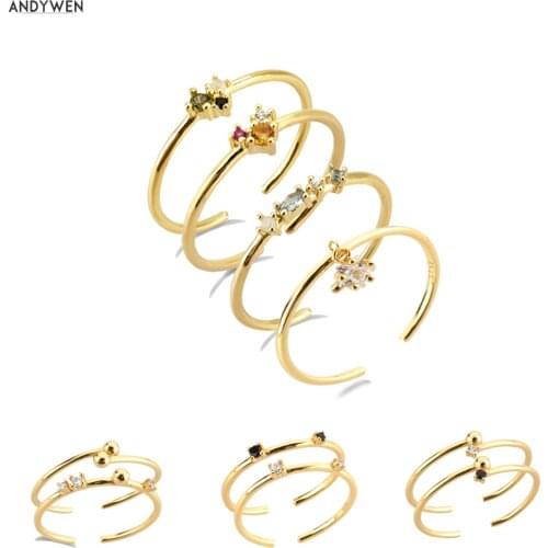 ANDYWEN 925 Sterling Silver Three Zircon Colorful Resizable Rings Summer Collection Rainbow luxury Slim Circle Jewelry For Party