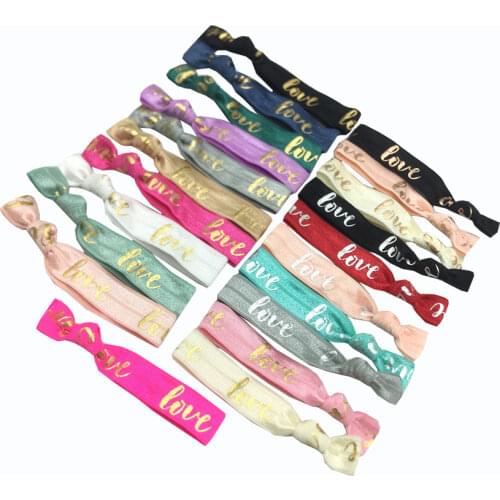 20 Colors 120pcs/Lot 5/8" LOVE Silver Rose Gold Foil Fold Over Elastic Hair Band Letter FOE Ribbon Bracelet Ponytail Holder