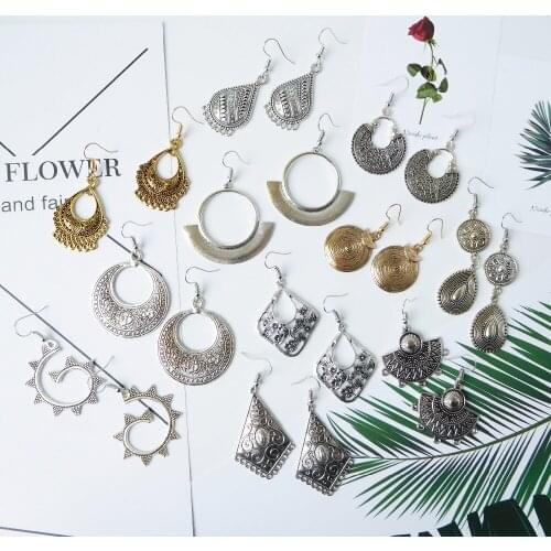 HC Vintage Silver Color Metal Earrings Antique Jewelry Women Bohemian Round Crystal Drop Earrings Women Retro Alloy Earrings W