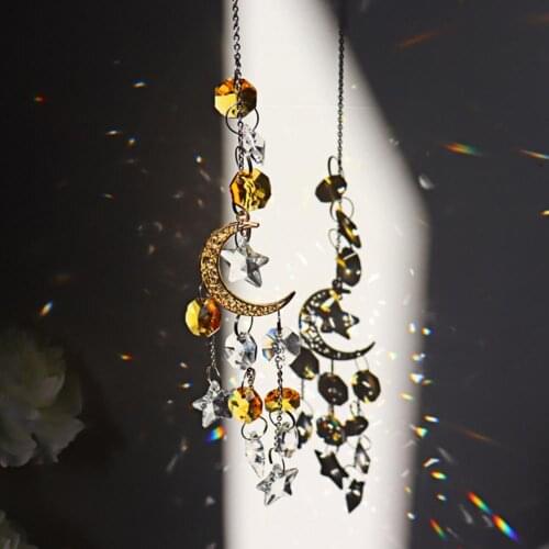 Crystal Wind Chime Star Moon Sun Pendant Dream catcher Plated Colorful Beads Hanging Drop for Outdoor Indoor Garden Windchimes