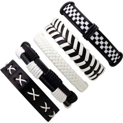 Hot Sale Black White Color Braided Leather Bracelet Set Personality Handmade Smooth Leather Sport Bangle Wristband for Men Women