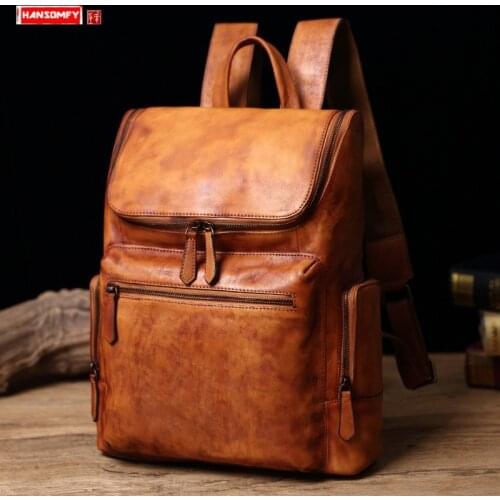 Genuine Leather Mens Backpack Casual Portable Laptop Bag Vintage School Bags Large Capacity Travel Cow Leather Men Bag