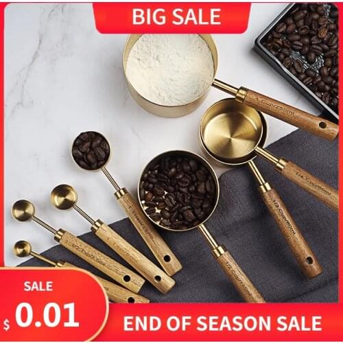Stainless Steel Measuring Cup Measuring Spoon 8PCS Set KWooden Handle itchen Baking Tools Bartending Scale Measuring Spoon Set