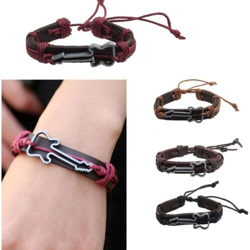 New Guitar Charm Bracelets Hand Made Alloy Hollow Cord Leather Bracelet Adjustable Wrap Wristband Fashion Jewelry