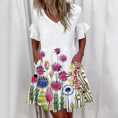 Floral Dresses Womens Summer Dress V-neck Fashion Short Sleeve Pleated Ruffles Mini Dress Casual Lady Beach Dress Vestiti Donna