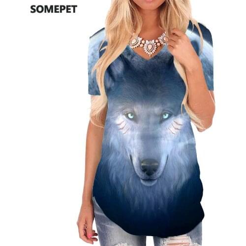 SOMEPET Wolf T Shirt Women Animal Funny T shirts Anime V-neck Tshirt Moon Tshirts Printed Head T-shirts 3d Womens Clothing